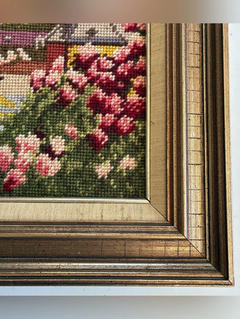 Vtg Handcrafted Needlepoint Tapestry Scenic Snow Village Renaissance Gold Frame